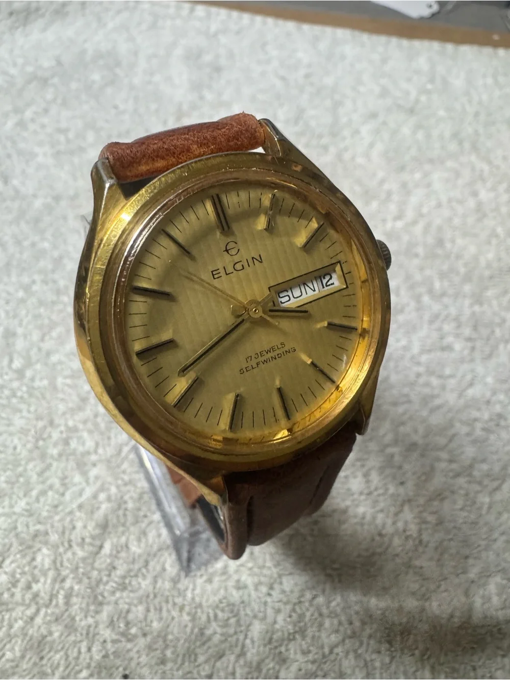 Elgin Gold-Tone Selfwinding Watch with Brown Leather Strap